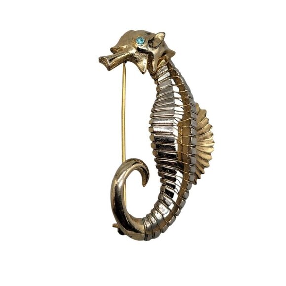 Seahorse Brooch Silver & Gold Tone Blue Rhinestone Eye Vintage Nautical Piece - Picture 1 of 8